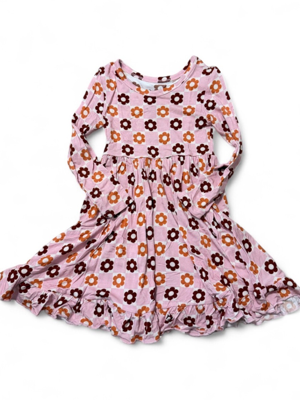 Girls Pink Floral Check Ruffle Hem Twirl Dress